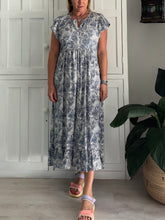 Load image into Gallery viewer, Greek Maxi Flutter Dress in Abstract Grey and White