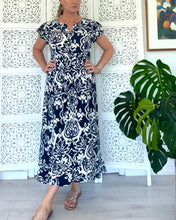 Load image into Gallery viewer, Greek Maxi Flutter Dress in Navy &amp; White Ikat