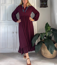 Load image into Gallery viewer, Greek Maxi Dress with Bishop sleeve in Plum