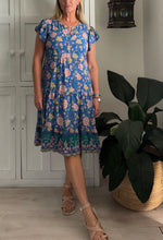 Load image into Gallery viewer, Greek Flutter Sleeve Dress in Blue and Pink Floral