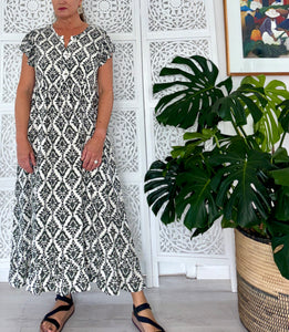 Greek Maxi Flutter Dress in Olive Ikat