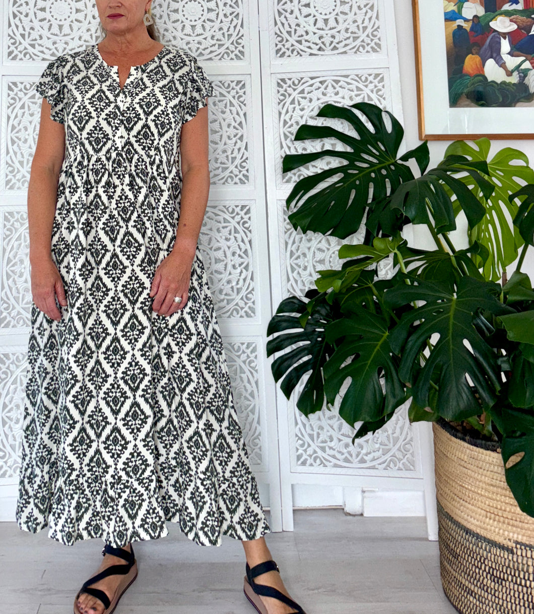 Greek Maxi Flutter Dress in Olive Ikat
