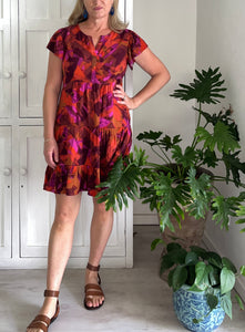 Summer Greek Flutter Sleeve Dress in Shades of Rust & Purple