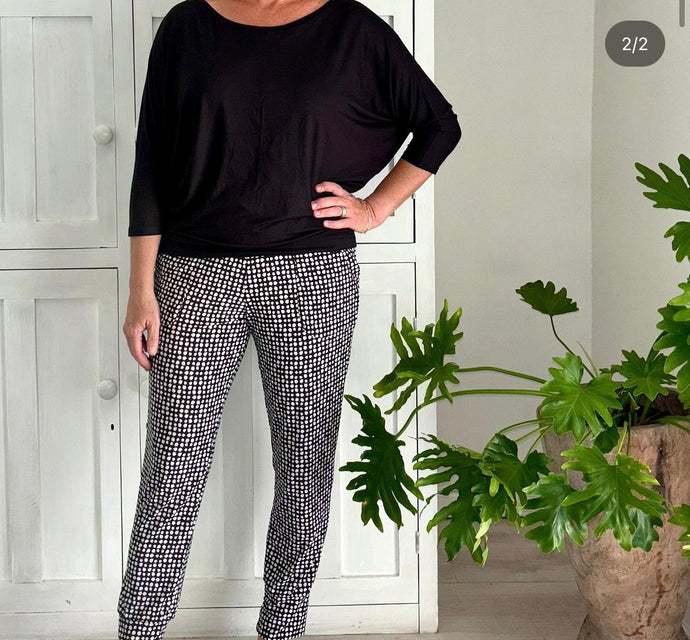 Bali Slinky Slouch Pants in Black & Cream Spots
