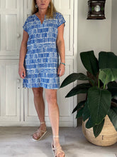 Load image into Gallery viewer, Tunic Shift Dress LTD in Grecian Blue &amp; White Tile Print