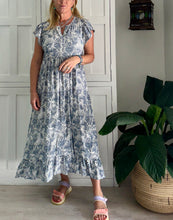 Load image into Gallery viewer, Greek Maxi Flutter Dress in Abstract Grey and White