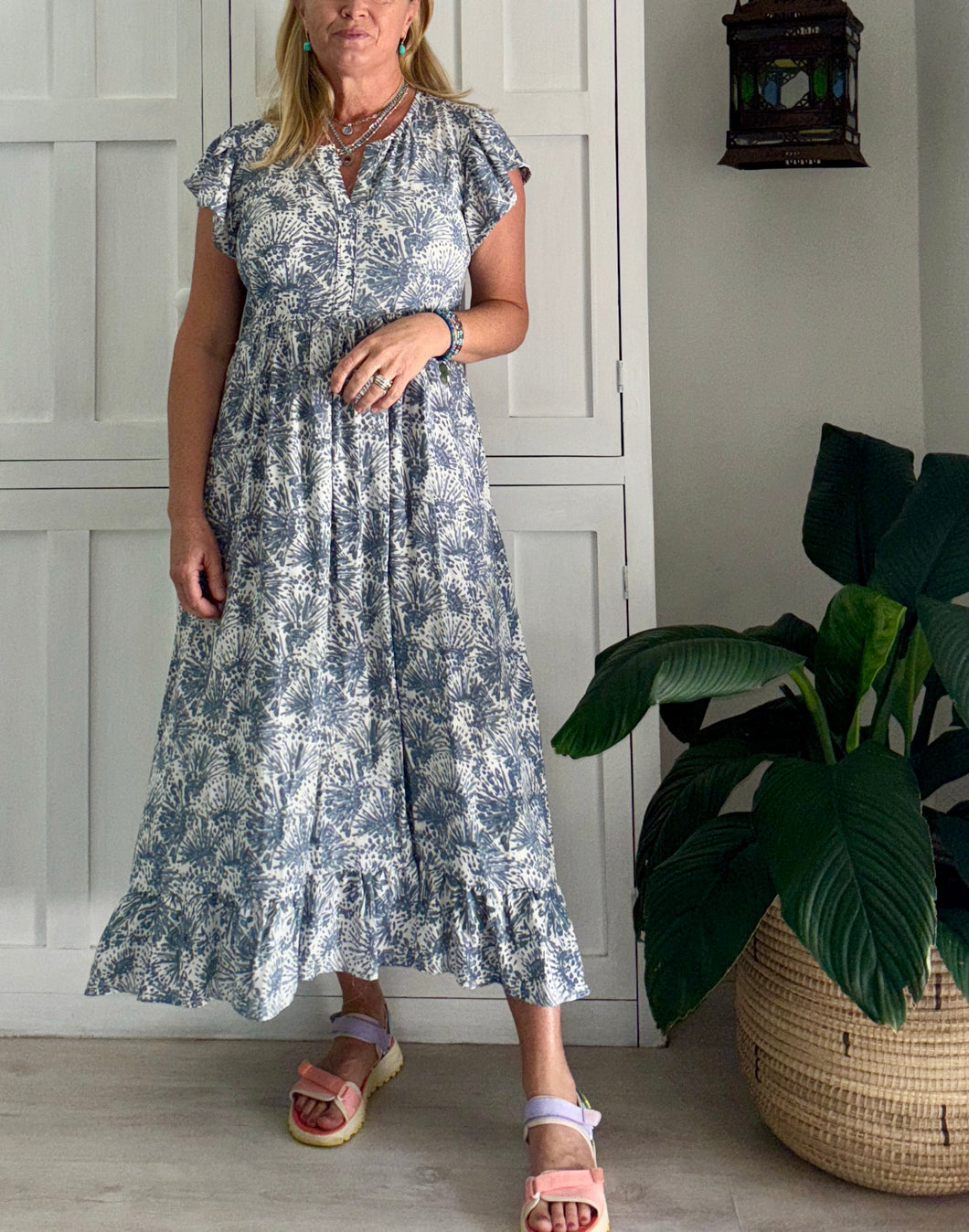 Greek Maxi Flutter Dress in Abstract Grey and White