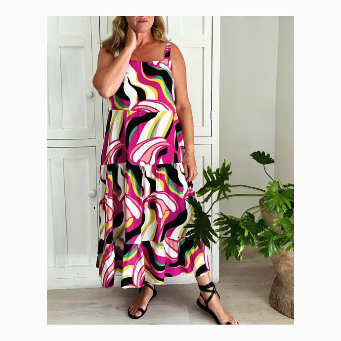 Milos Midi Dress in Black, Yellow & Pink Swirls