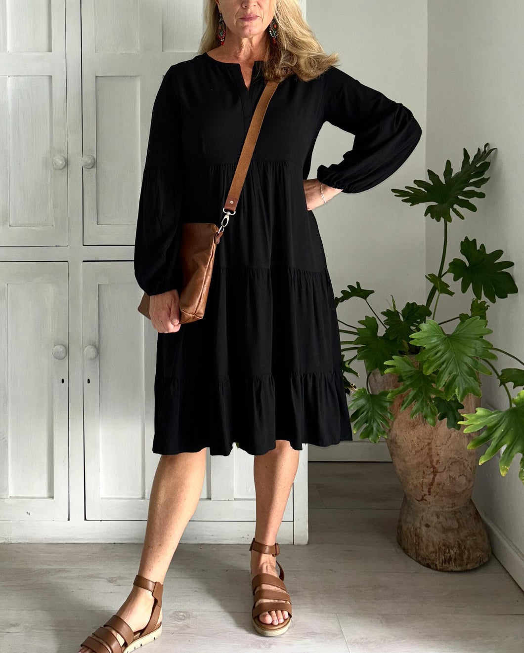 Original Greek Dress in Black with Lantern Sleeve