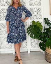 Load image into Gallery viewer, Greek Dress Std in Blue Paisley Cotton Dobby