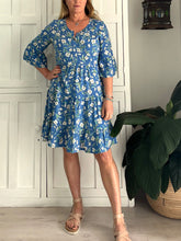 Load image into Gallery viewer, Original Greek Dress with Autumn Sleeve in Blue Meadow