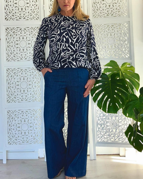 Malta High Neck Blouse in Navy & White Doodle