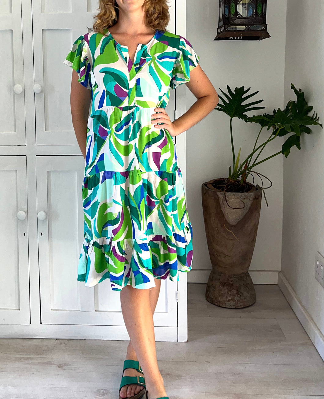 Greek Flutter Sleeve Dress in Green, Purple & Blue Amazon