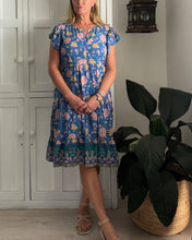 Load image into Gallery viewer, Greek Flutter Sleeve Dress in Blue and Pink Floral