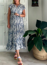 Load image into Gallery viewer, Greek Maxi Flutter Dress in Abstract Grey and White