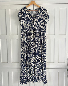 Greek Maxi Flutter Dress in Navy and White Ikat