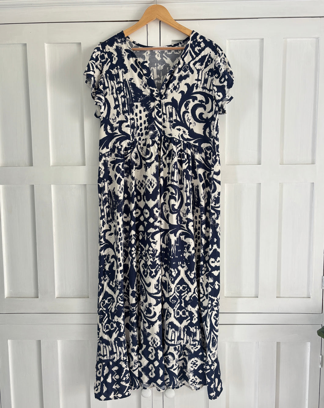 Greek Maxi Flutter Dress in Navy and White Ikat