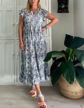 Load image into Gallery viewer, Greek Maxi Flutter Dress in Abstract Grey and White