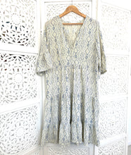 Load image into Gallery viewer, Greek Dress Std in Cream with Blue Embroidery Print