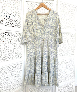 Greek Dress Std in Cream with Blue Embroidery Print