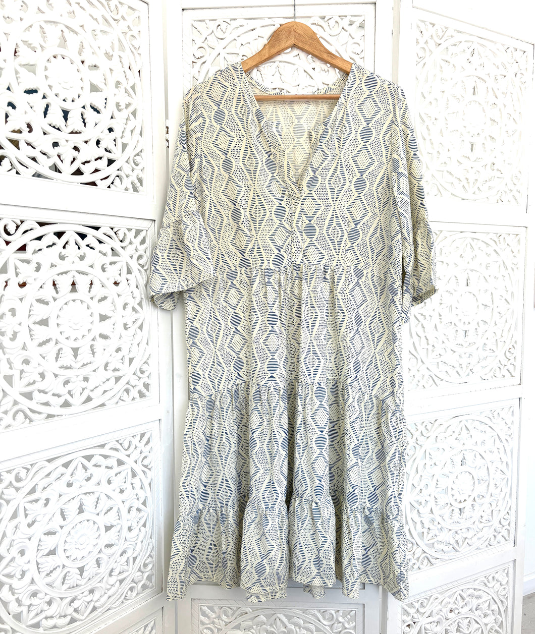 Greek Dress Std in Cream with Blue Embroidery Print