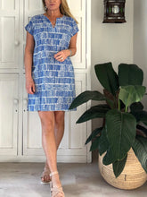 Load image into Gallery viewer, Tunic Shift Dress LTD in Grecian Blue &amp; White Tile Print