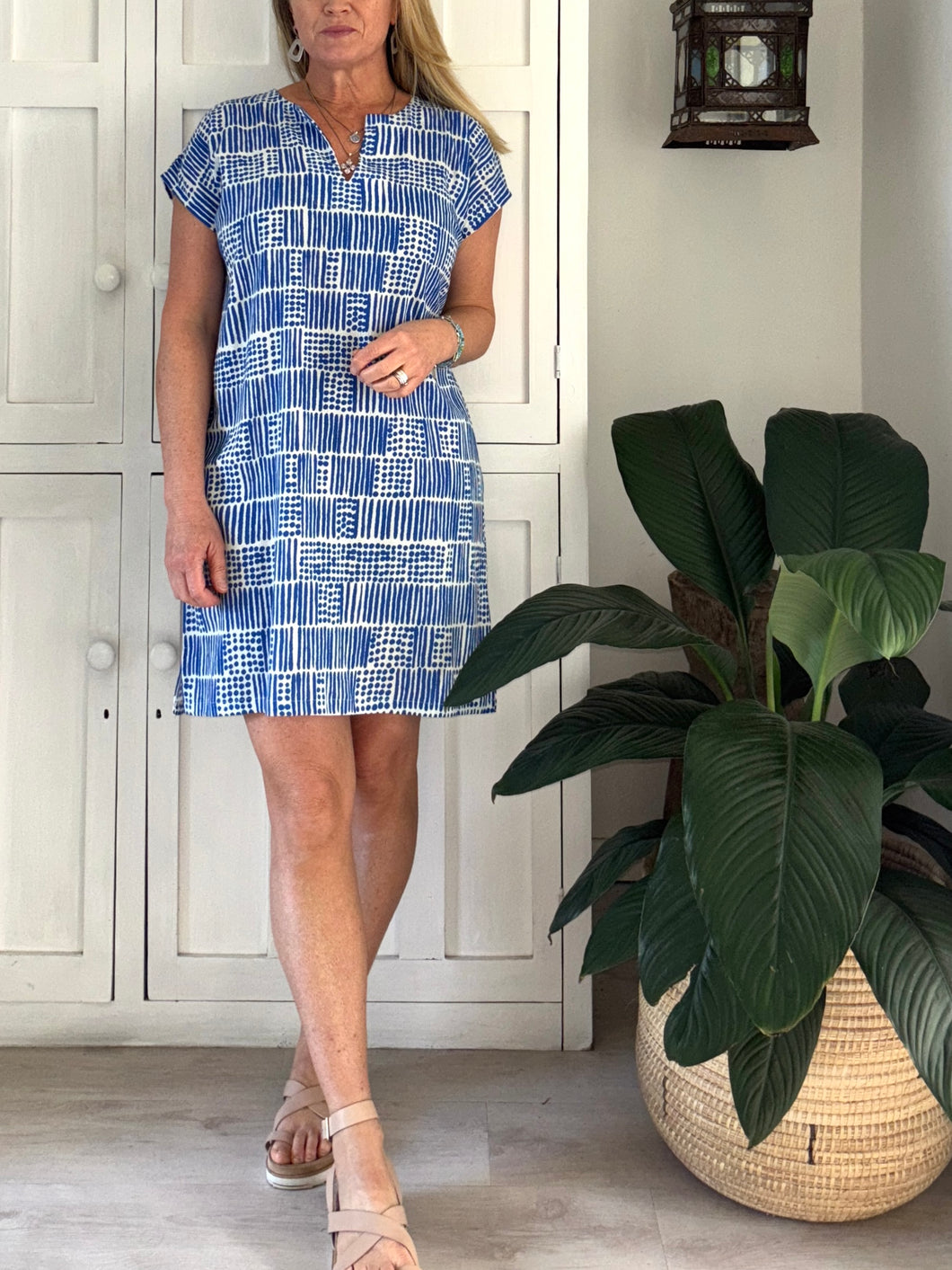 Tunic Shift Dress LTD in Grecian Blue & White Tile Print