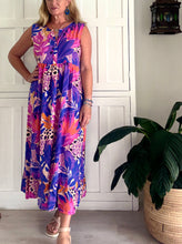 Load image into Gallery viewer, Sleeveless Greek Maxi Dress in Pink and Purple Leaves