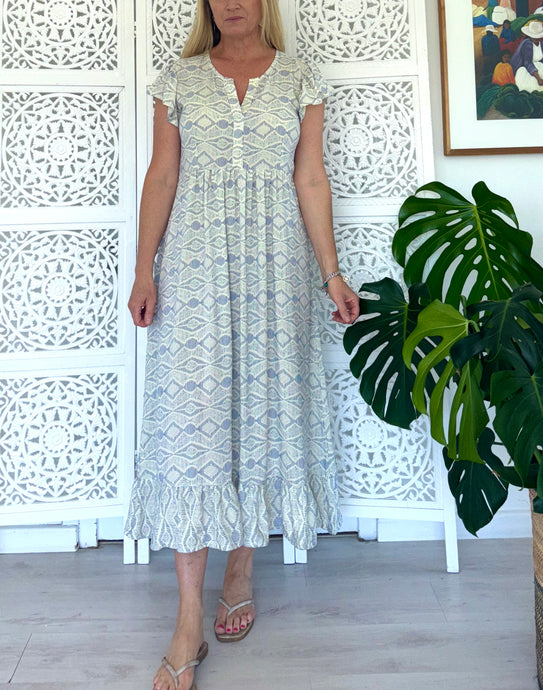 Greek Maxi Flutter Dress in Cream with Blue Embroidery Print