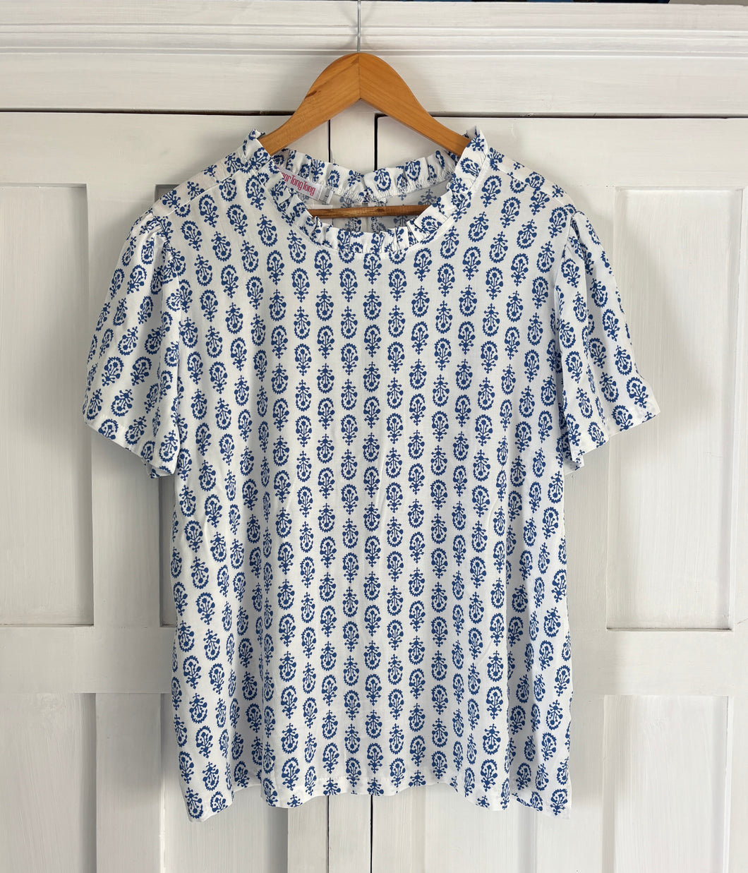 Malta High Neck Summer Blouse in White & Sky Blue