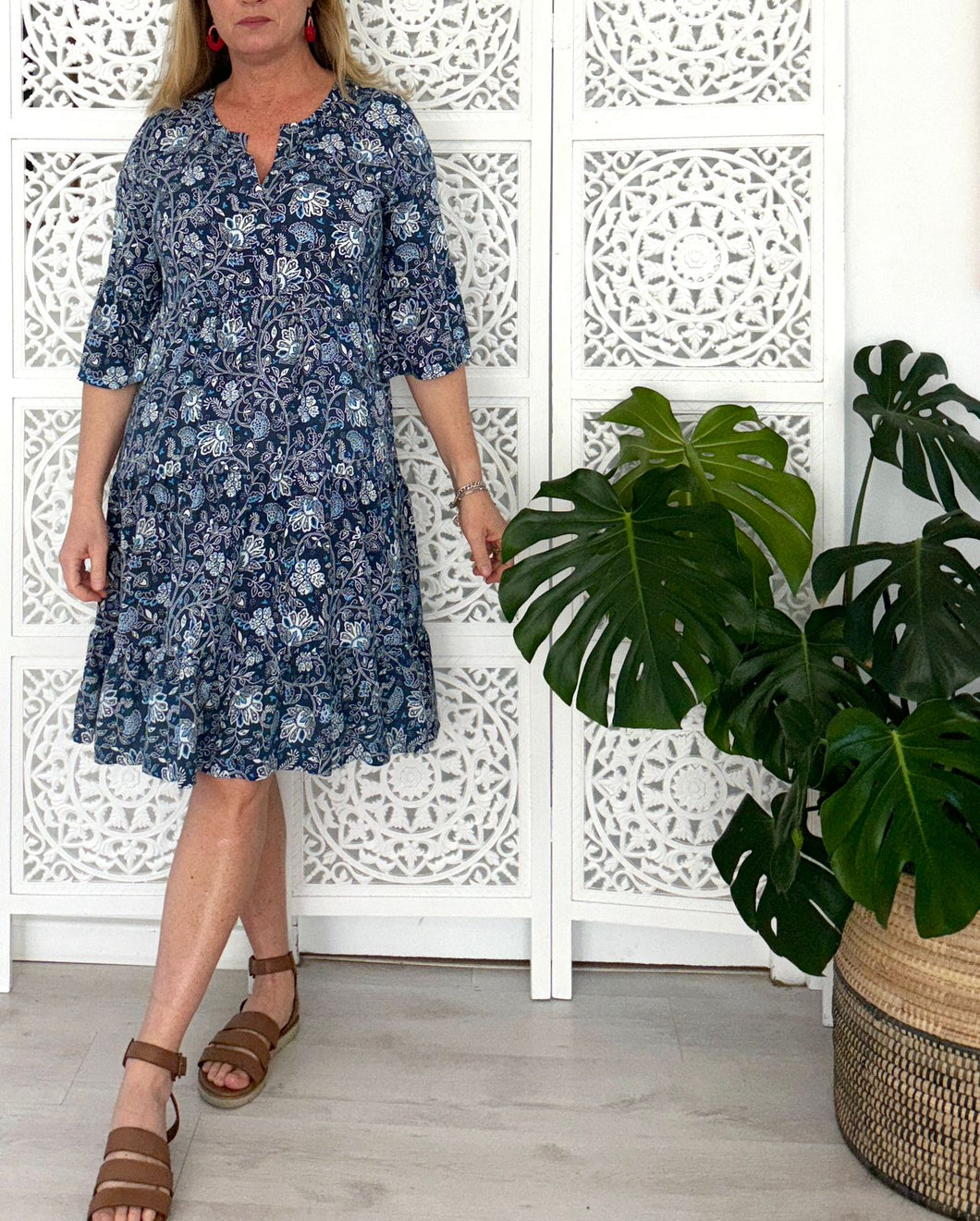 Greek Dress Std in Blue Paisley Cotton Dobby