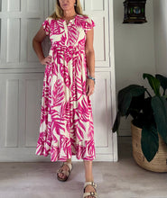 Load image into Gallery viewer, Greek Maxi Flutter Dress in Pink Monstera