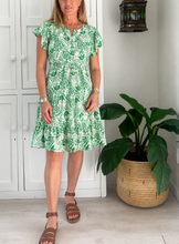 Load image into Gallery viewer, Greek Flutter Sleeve Dress in Green &amp; White Floral