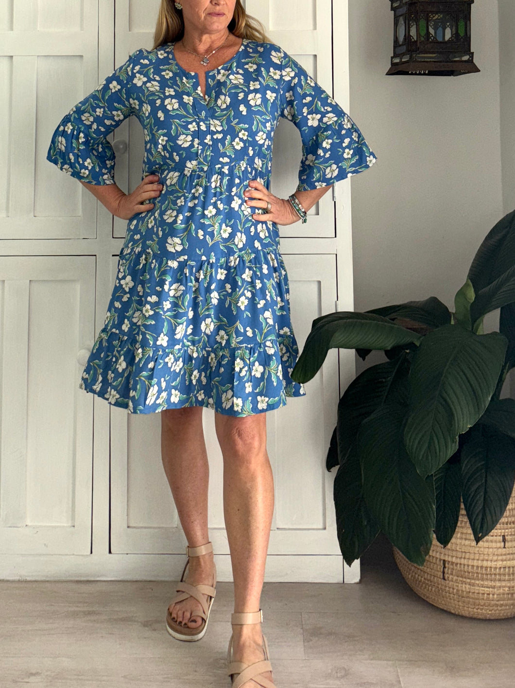 Original Greek Dress with Autumn Sleeve in Blue Meadow