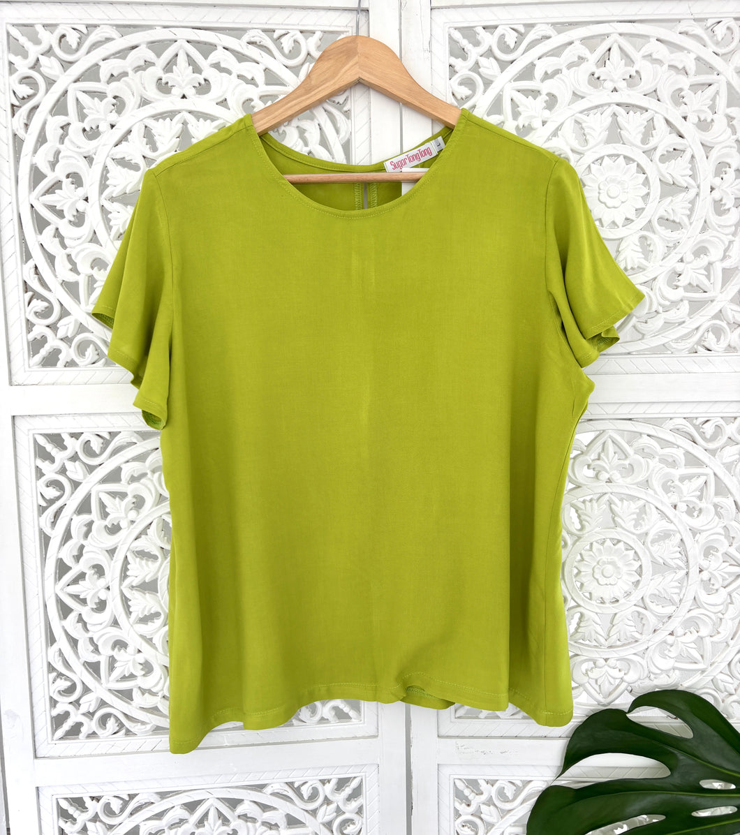 Crew Neck Flutter Sleeve in Chartreuse