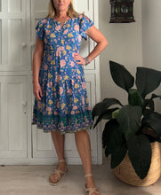 Load image into Gallery viewer, Greek Flutter Sleeve Dress in Blue and Pink Floral