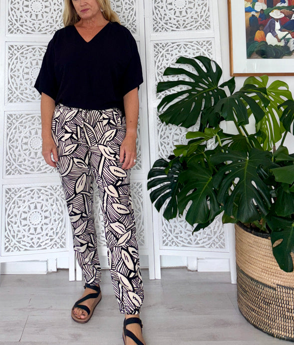 Reunion Pants in Cream & Black Geometric Leaf