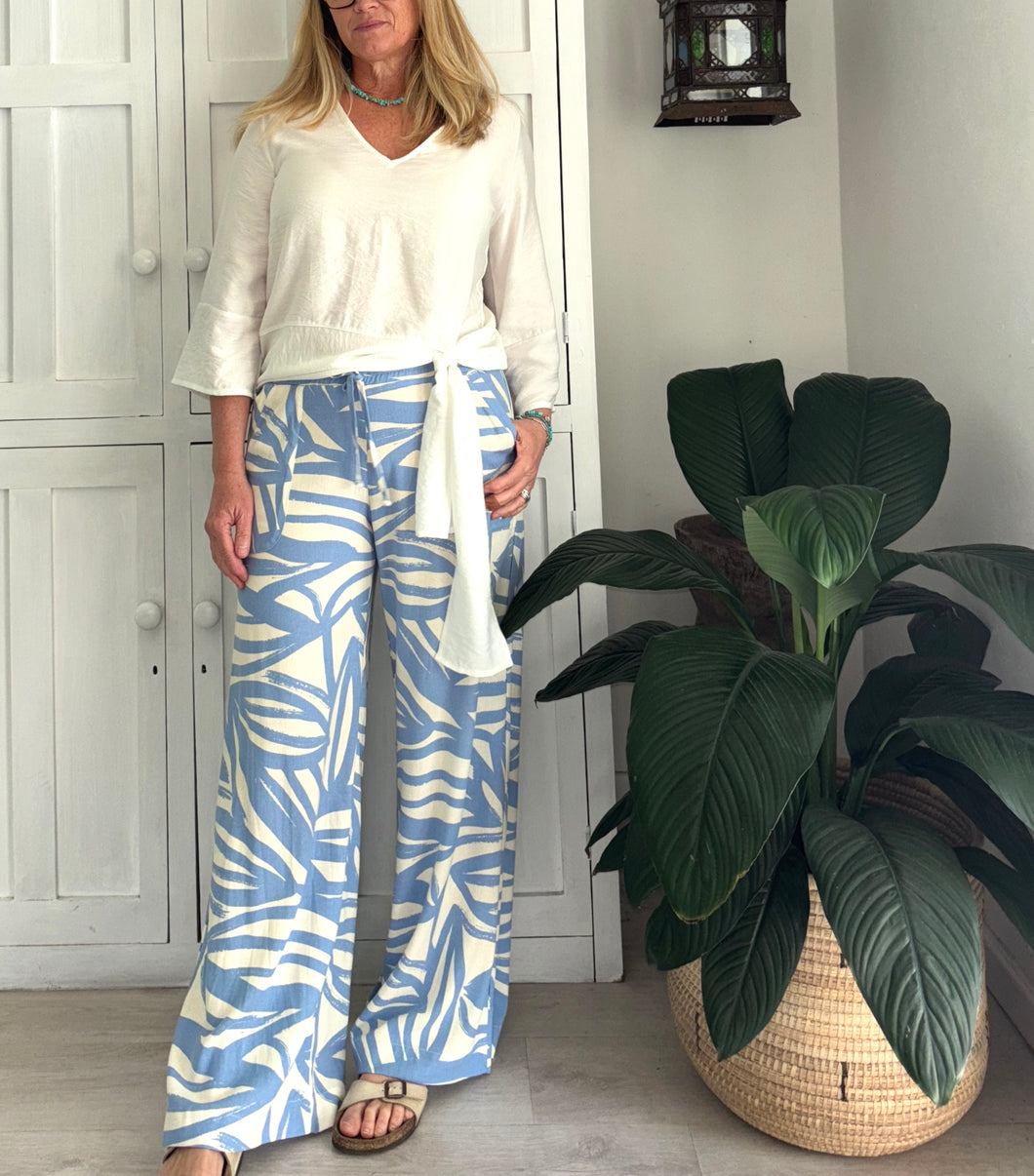 Wide Leg Linen Blend Pants in Light Blue Painted Fern