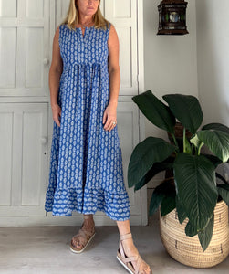Sleeveless Greek Maxi Dress in Sky Blue and White