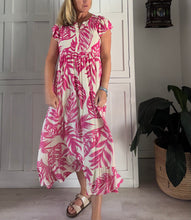 Load image into Gallery viewer, Greek Maxi Flutter Dress in Pink Monstera