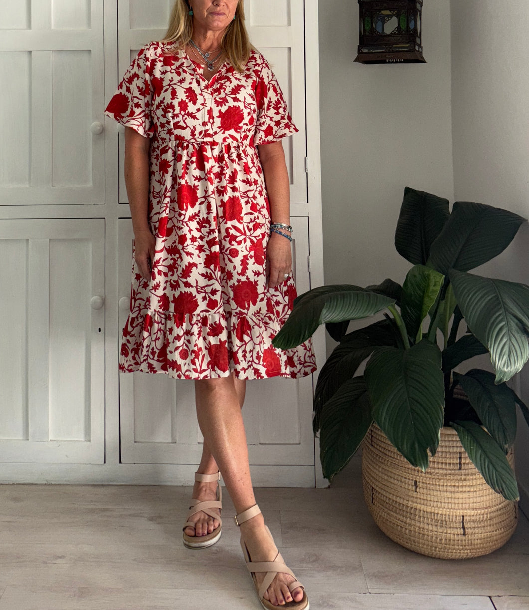 Greek Bell Sleeve Dress in Red and White