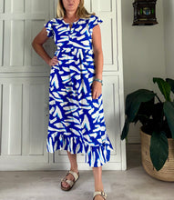 Load image into Gallery viewer, Greek Maxi Flutter Dress in Cobalt and White Spot
