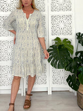 Load image into Gallery viewer, Greek Dress Std in Cream with Blue Embroidery Print