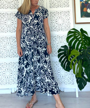 Load image into Gallery viewer, Greek Maxi Flutter Dress in Navy &amp; White Ikat