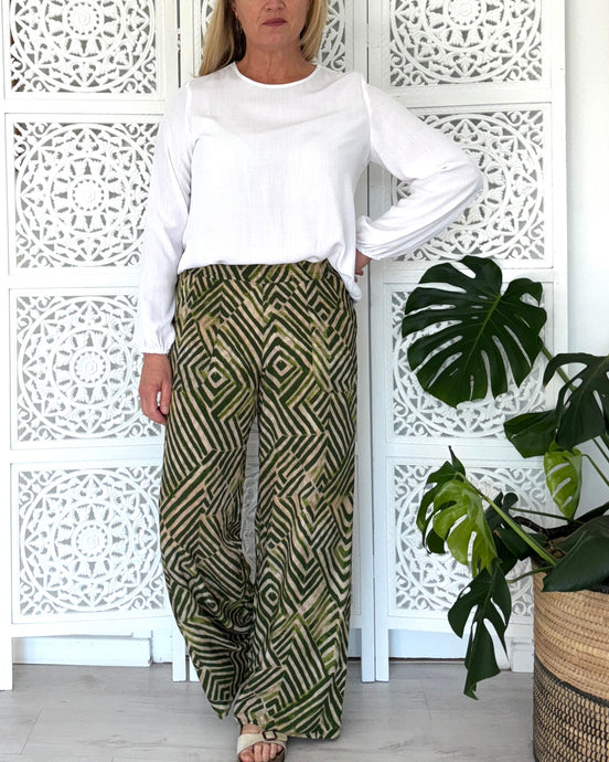 Wide Pants in Moss Green Geo