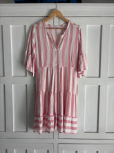 Load image into Gallery viewer, Original Greek Dress with Autumn Sleeve in a Soft Red &amp; White Stripe
