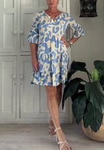 Load image into Gallery viewer, Original Greek Dress with Autumn Sleeve in Baby Blue and Cream