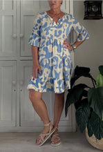 Load image into Gallery viewer, Original Greek Dress with Autumn Sleeve in Baby Blue and Cream