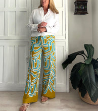 Load image into Gallery viewer, Wide Leg Pants in Chartreuse, White and Blue Geometric