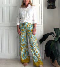 Load image into Gallery viewer, Wide Leg Pants in Chartreuse, White and Blue Geometric